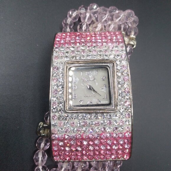 Pink Glass Beads Stretch Watch With Pink & Clear Rhinestones - Picture 6 of 7